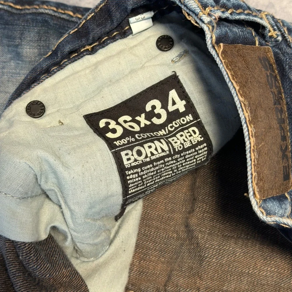 Express Jeans Blake Loose Fit Boot Cut Mens 36x34 Blue Distressed Heavy Stitch